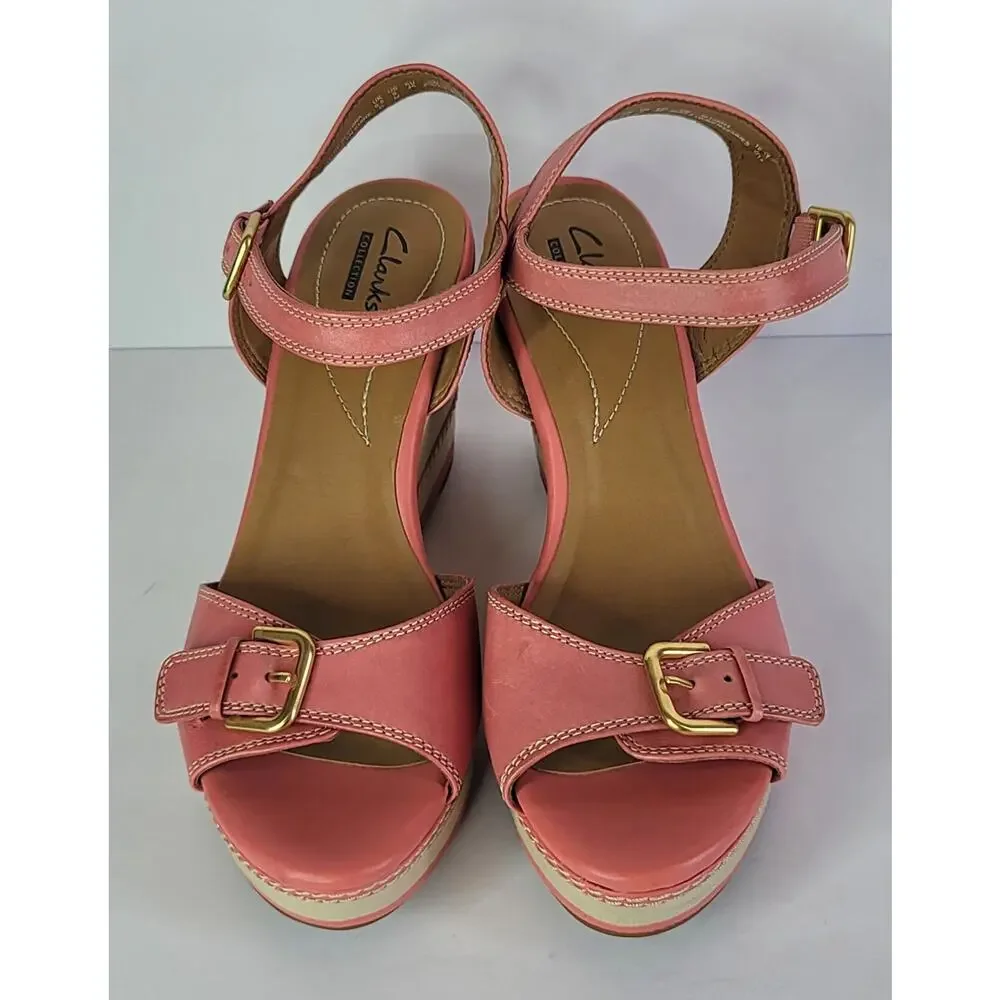 CLARKS Coral-Pink Zia Wedges Sandals with Gold Tone Buckle Women's Size 9M